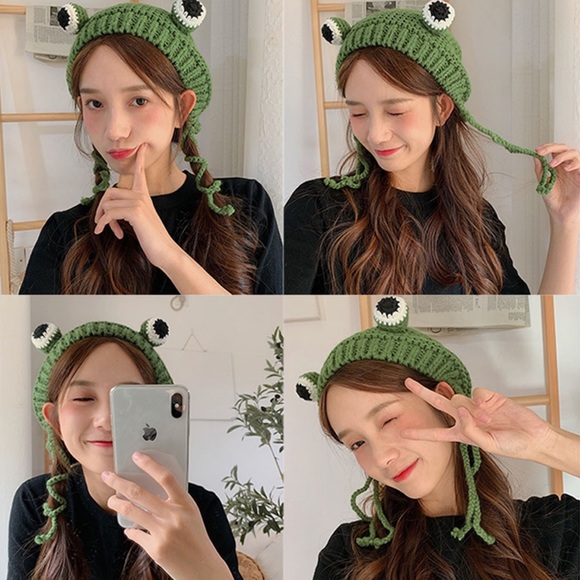 Green Frog Knit Beanie with Long Tassel Ties - Picture 4 of 16